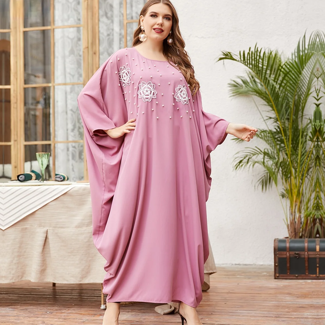 Женское платье с вышивкой бисером, свободное розовое платье большого размера с длинным рукавом летучая мышь в мусульманском стиле, европей...