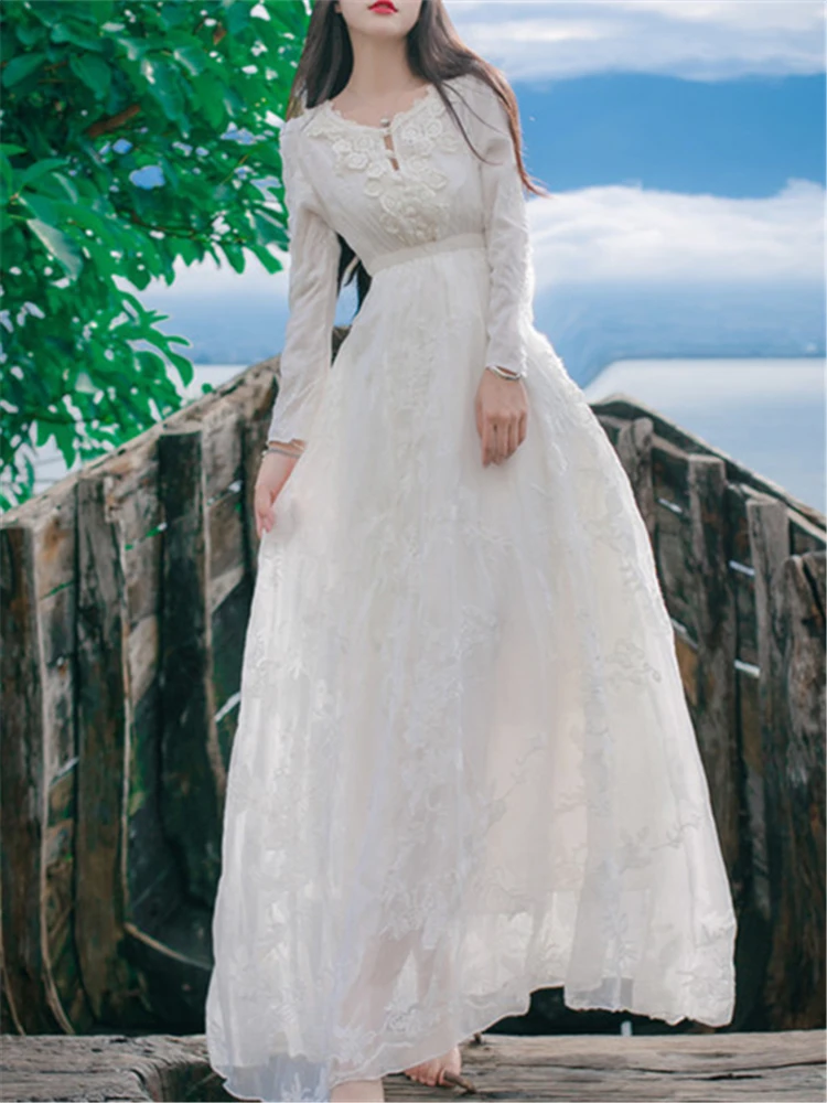 Женское шифоновое платье с длинным рукавом белое кружевное винтажное длинное