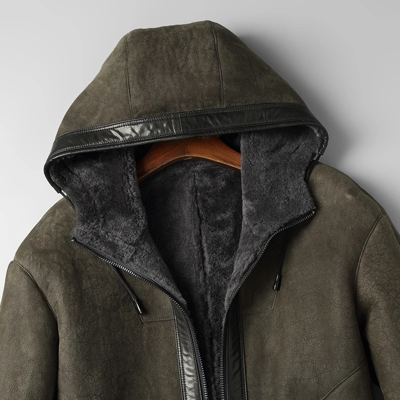 DK Мужское пальто из овечьей кожи с капюшоном утепленная меховая одежда Armygreen