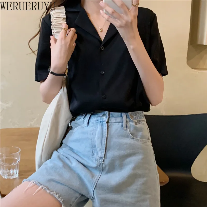 

WERUERUYU Women Summer Solid Color Shirt Retro Short Sleeve Suit Collar Small Lapel Shirt Loose Casual Blouse
