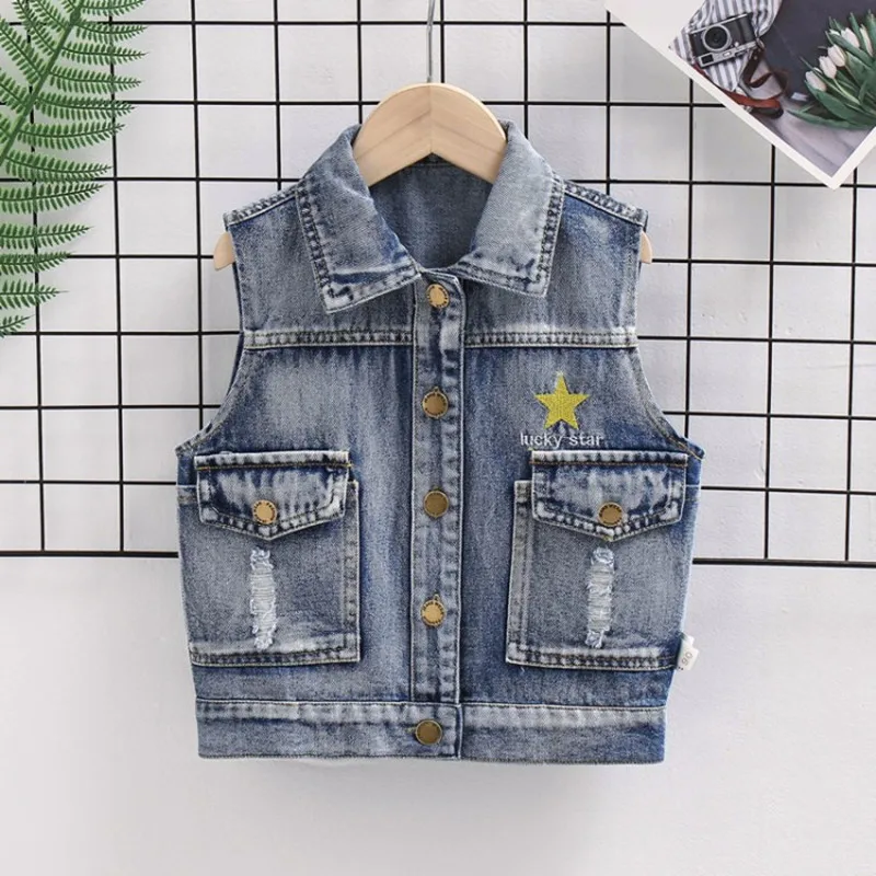 

2021 Autumn New 3 4 6 8Years Children Jeans Outerwear Fashion Kids All Match Demi Vest Casual Pocket Waistcoat For Boys Girls