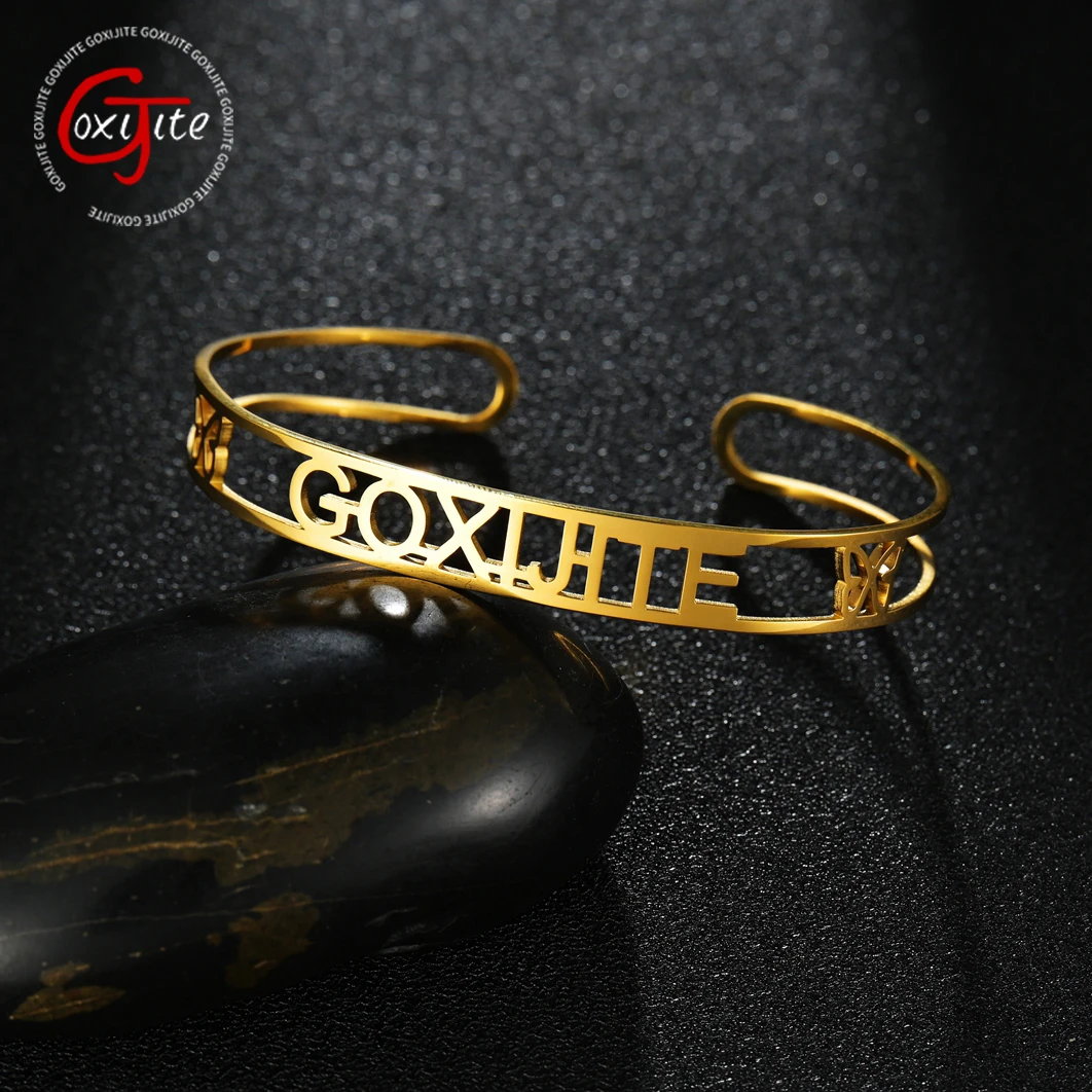 

Goxijite Customized Name Bracelet Women Men Personalized Custom Hollow Butterfly Nameplate Cuff Bangles Stainless Steel Jewelry