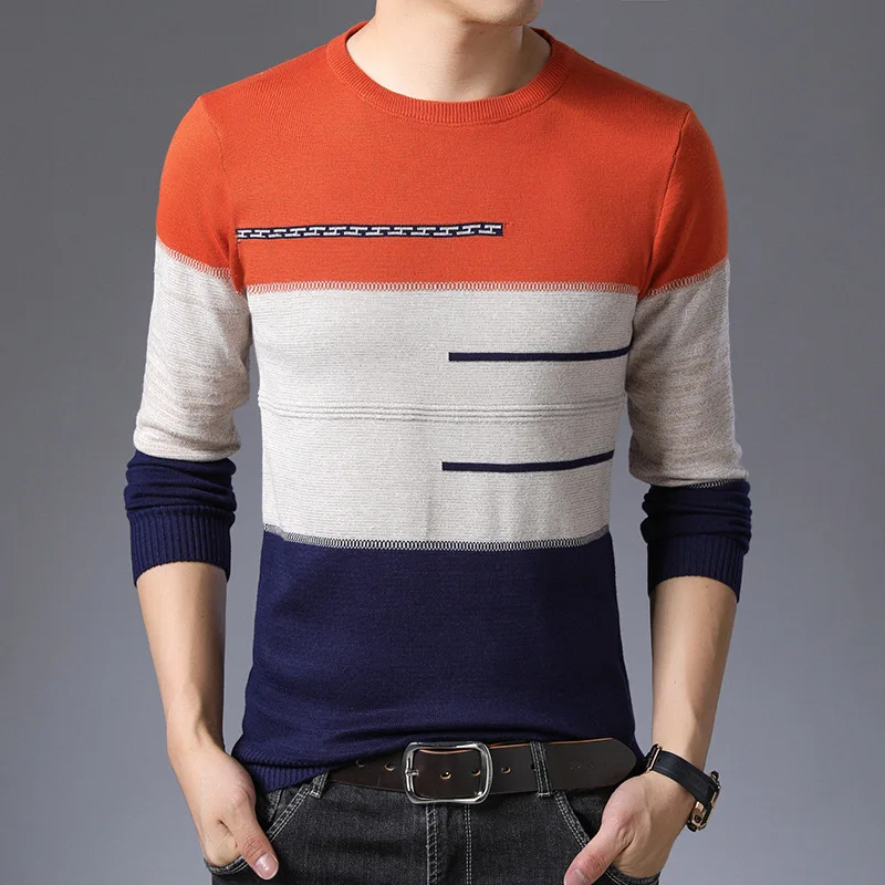 2021 Autumn Winter Pullover Men Round Collar Striped Cotton Sweaters Slim Fit Pull Knitwear