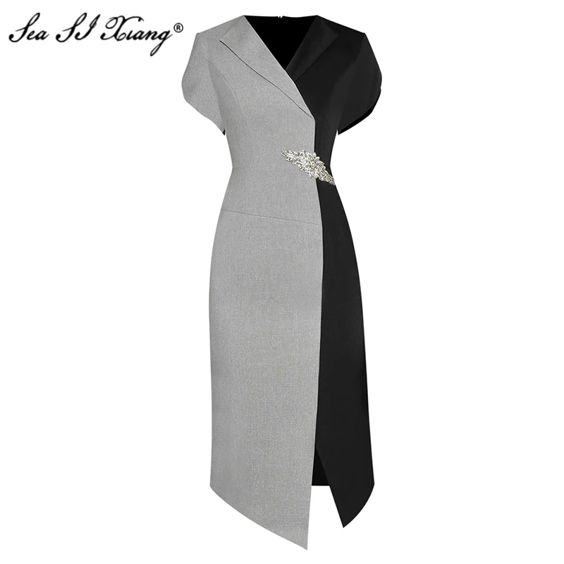 

Seasixiang Fashion Designer Summer Pencil Dress Women V-Neck Short Sleeve Crystal Diamonds Office Lady Package Buttocks Dresses