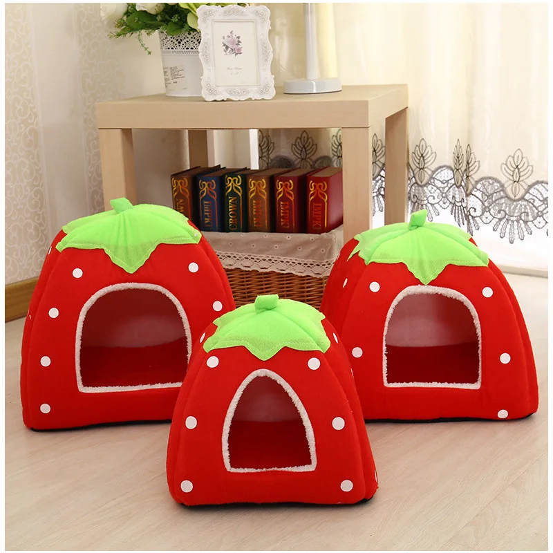 Soft Strawberry Pet Dog Cat House Comfortable Kennel Doggy Bed Foldable Fashion Cushion Basket Cute Animal Cave Products | Дом и сад
