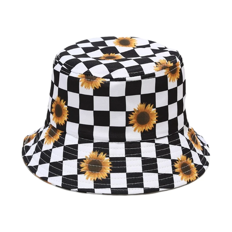 

Checkered Plaid Reversible Bucket Hat Feather Daisy Flower Print Fisherman Cap