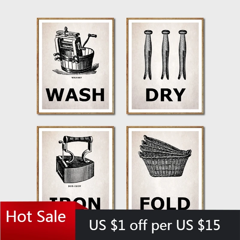 Стирка печать стирка сушка железная складка винтажные постеры Картина на холсте