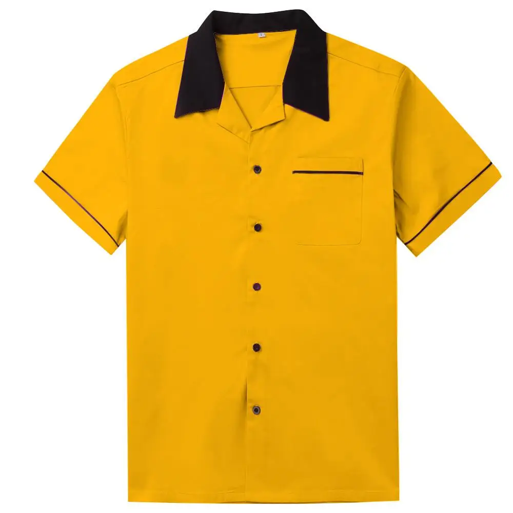 White Bowling Shirt Short Sleeve Classic Retro Shirt ST117Y Yellow Red Cotton Mid-century Inspired Style Men Shirts