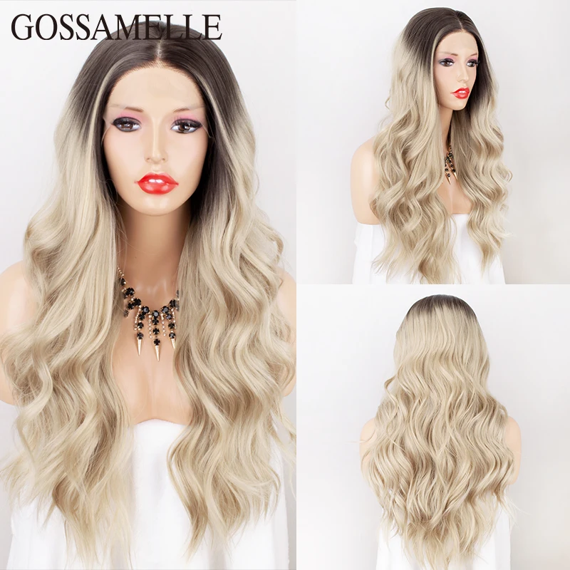 Gossamelle Blonde Lace Front Wig Heat Resistant Fiber Ombre Body Wave Synthetic Lace Front Wigs For Women Cosplay Long Lace Wigs