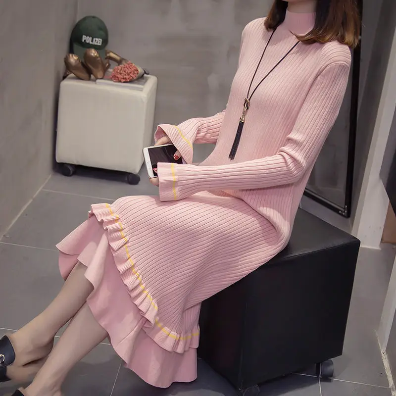 

Осенне-зимнее платье-свитер, женское трикотажное платье большого размера с длинным разрезом, полувысоким воротником и Расклешенным рукаво...