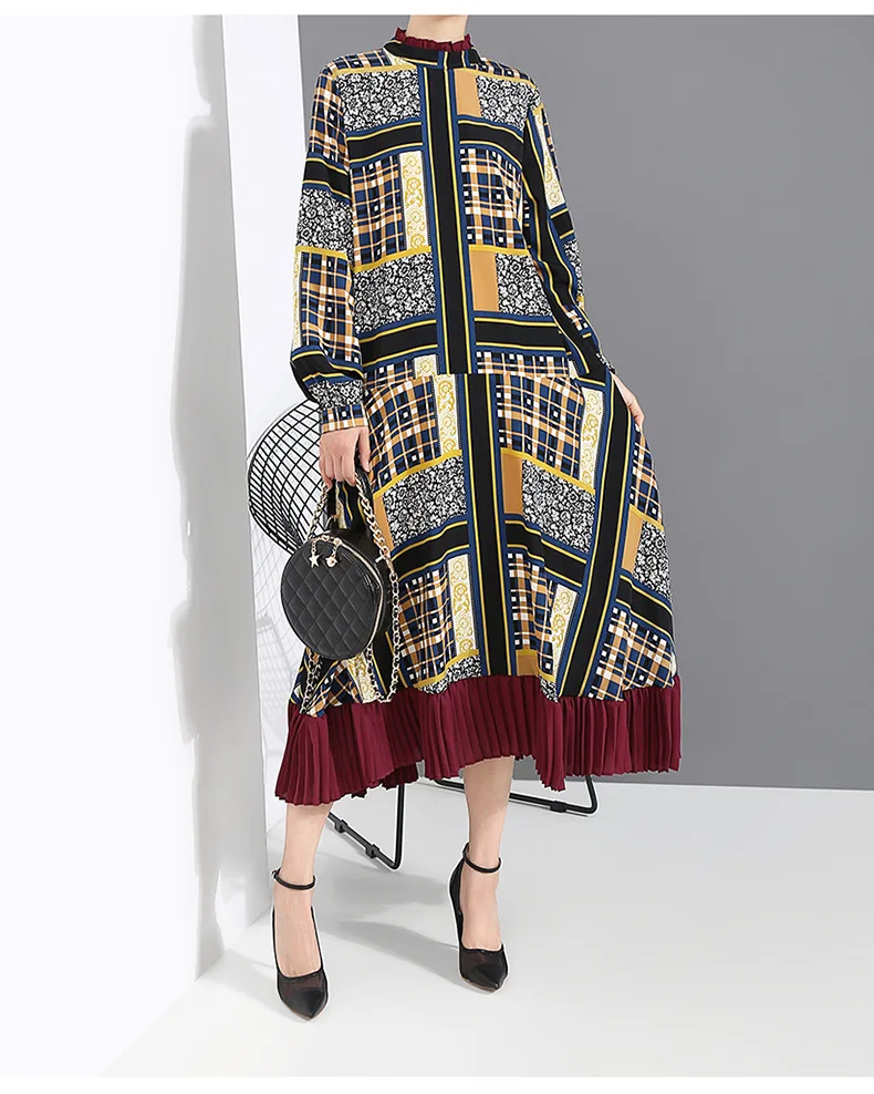 [EAM] Women Pattern Print Pleated Hit Color Dress New Stand Neck Long Sleeve Loose Fit Fashion Tide Spring Autumn 1A884