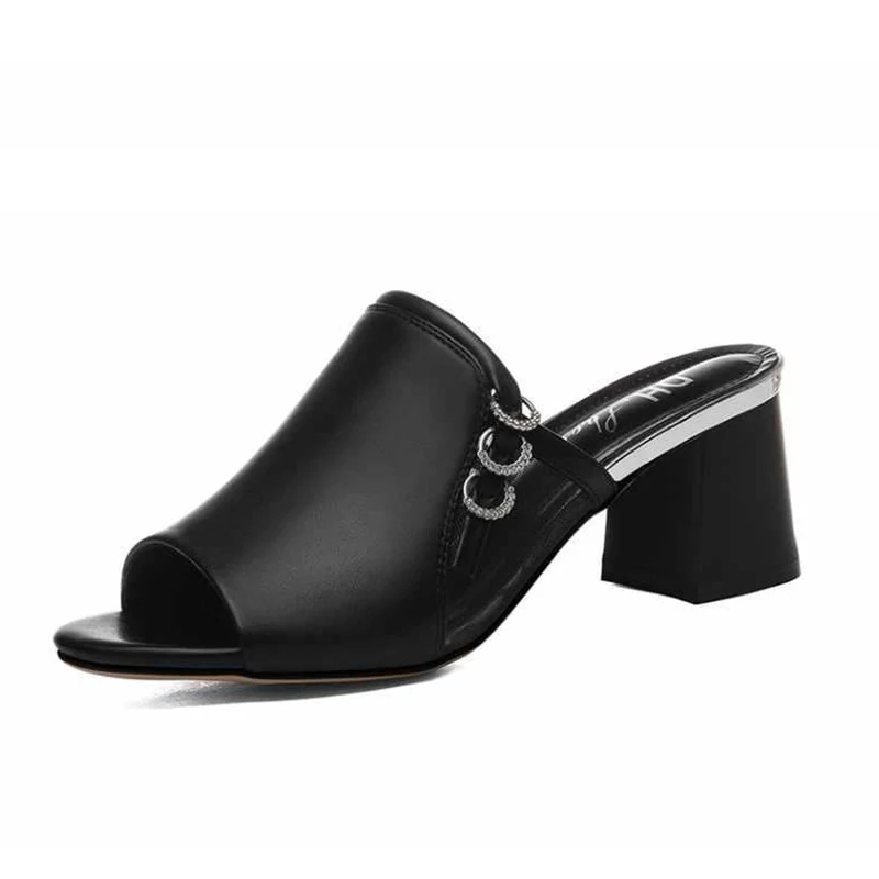 

Solid PU Leather Women Square Heel Slippers Elegant Peep Toe Light Non-Slip Office Shoes Retro Waterproof Platform Shoes Sandals