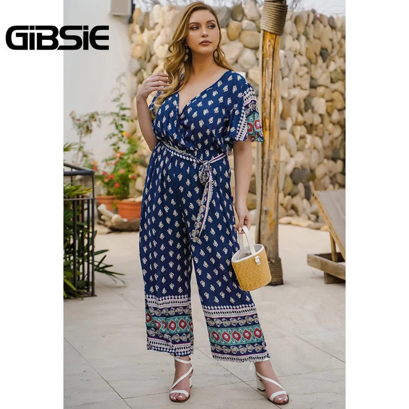 

GIBSIE Plus Size Holiday Boho Print Tunic High Waist Jumpsuit Women V-Neck Short Sleeve Casual Summer Belt Wide Leg Jumpsuits