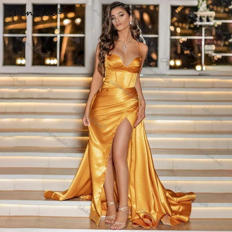 

Chenxiao Gold Sweetheart Prom Dresses Long Evening Gown Sexy High Split Dubai Party Dress Formal Gowns robe de soirée de mariage