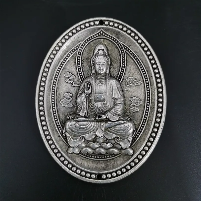 

Chinese Old Tibetan Silver Relief Guanyin Amulet Pendant Feng Shui Lucky Pendant
