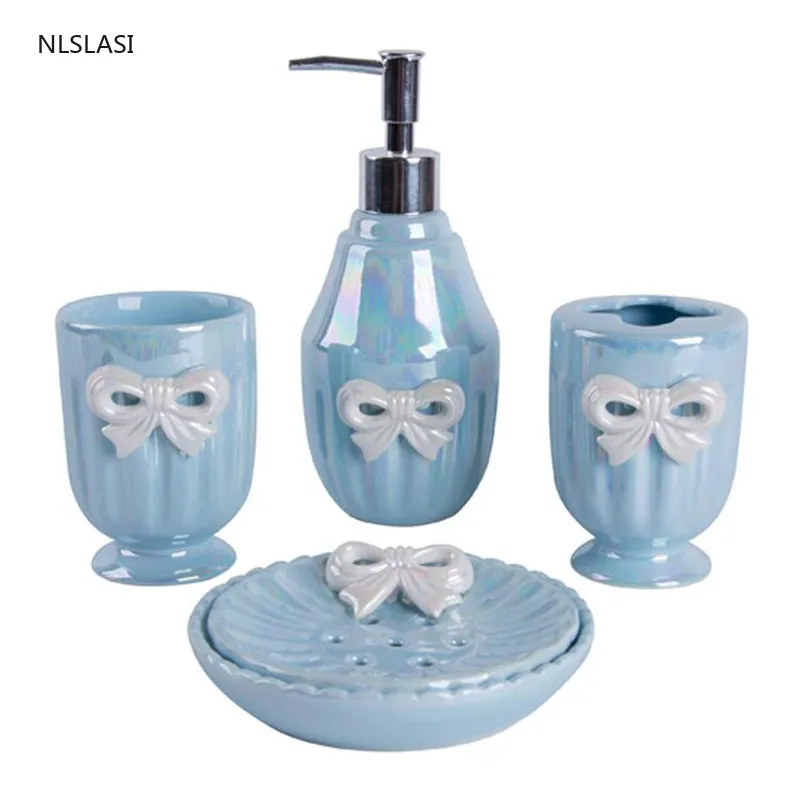 

Four-piece Suit Blue Cute Bow Ceramic Bathroom Set Decorations Home Hotel Lotion Bottle Soap Dish Mouth Cup Toothbrush Holder