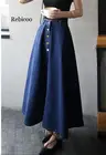 Джинсовая женская длинная юбка, модная однотонная Повседневная Джинсовая юбка в Корейском стиле преппи с завышенной талией и широким подолом, на пуговицах