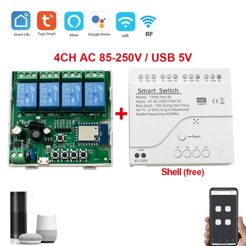 4CH Tuya Smart Life беспроводной модуль переключателя Wi-Fi приложение Wi-Fi дистанционное управление DC 12 В 24 В переменного тока 220 В RF приемник 10A умное реле Alexa