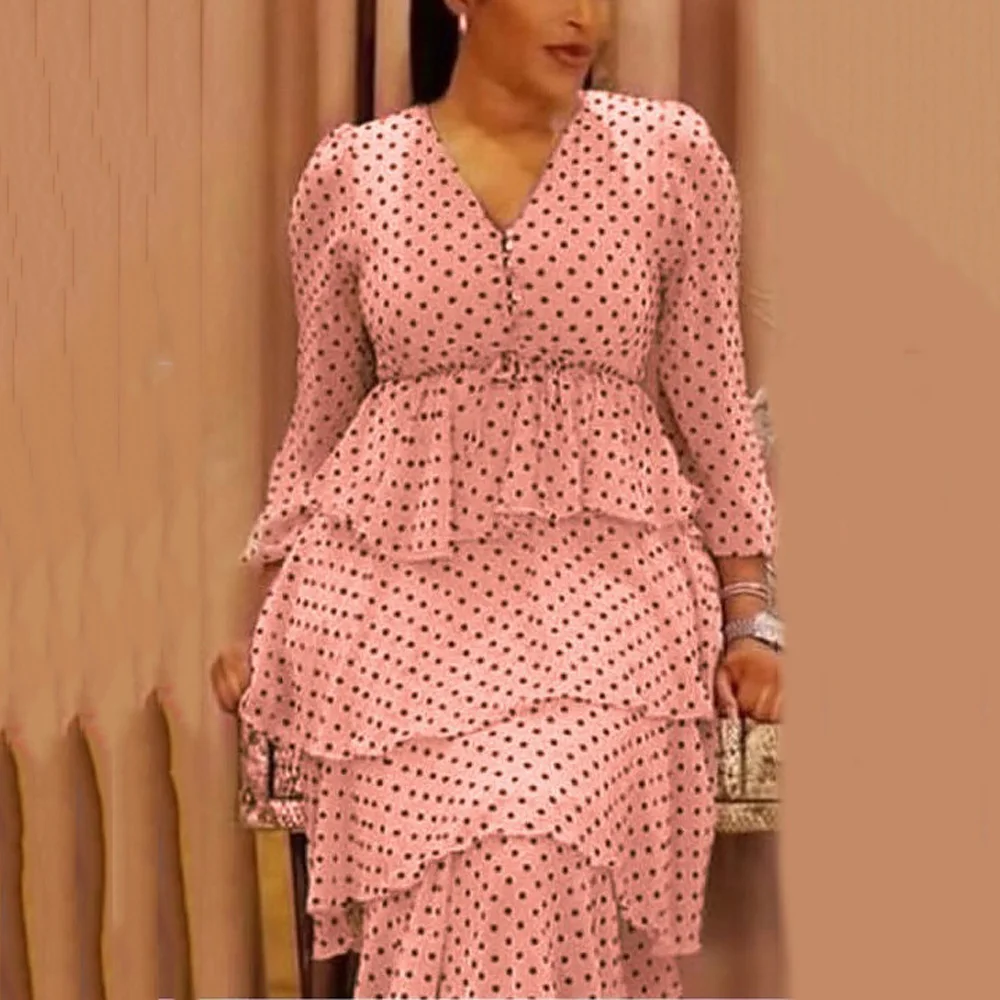 

African Dresses For Ladies 2021 Ruffles V Neck Dot Printed High Waist Mid Calf Elegant For Business Work Office Wear Dress New
