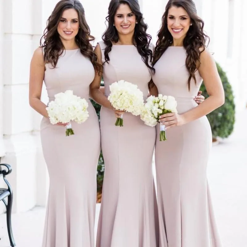 

Boat Neck Mermaid Bridesmaid Dress Pink Floor Length Sleeveless Sleeveless Sweep Train Simple Elastic Satin Prom Party Dresses