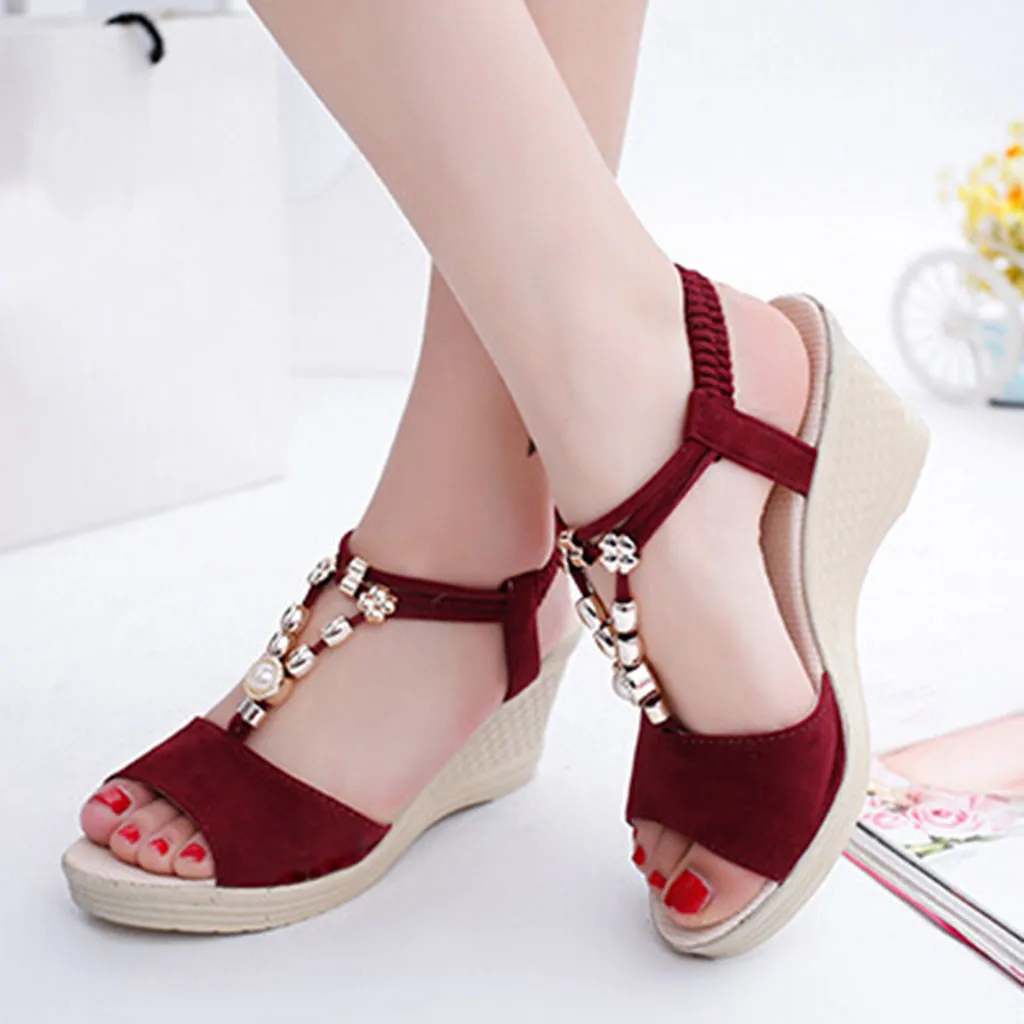 

2021 New Summer Ladies Platform Wedge Sandals with Rhinestone Red Comfortable Shoes Open Toe Shoes Womens Sandals