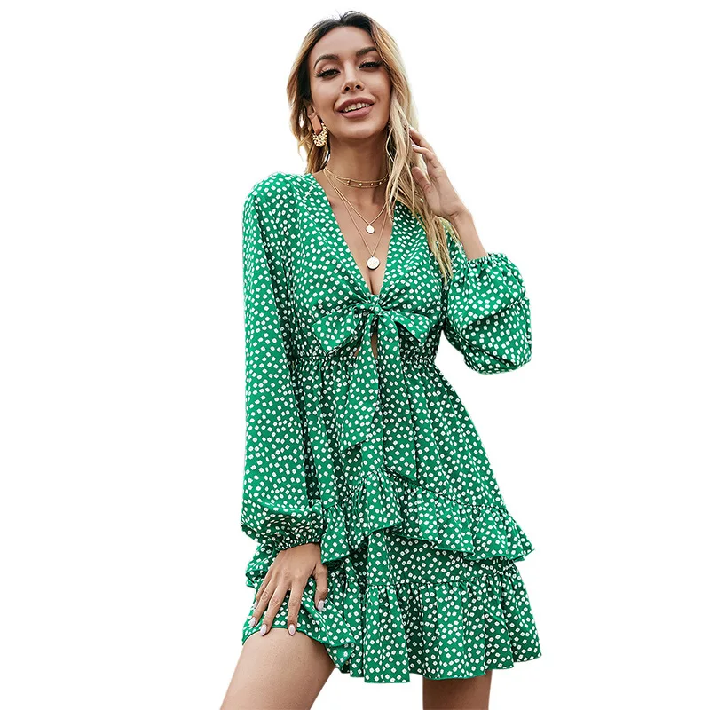 

Kaftan Beach Vestido De Playa Verano Para Mujer Dress Cover Up 2021 New Women Neck Line Skirt High Waist Green Polka Dot Letter