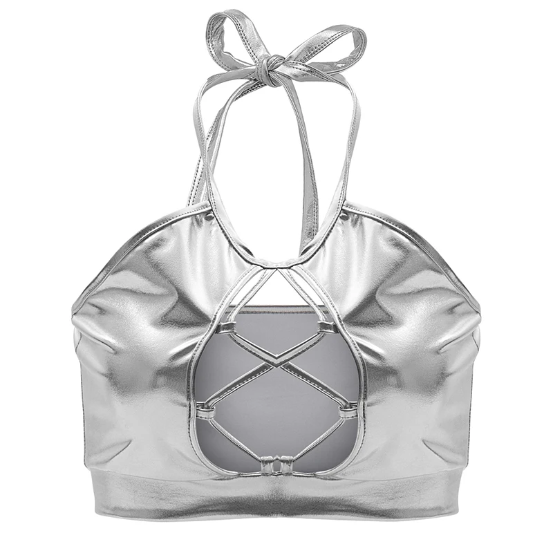 Женская майка с лямкой на шее Облегающая из искусственной кожи в готическом