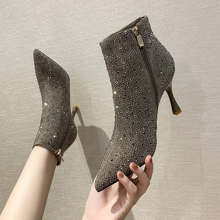 

Женские ботинки на высоком каблуке, женские ботинки на молнии с кристаллами, женская зимняя обувь на шпильке, женские осенние ботильоны 2021