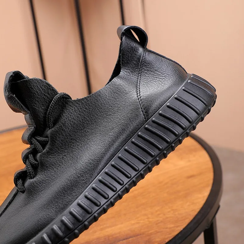 

New Mens High Quality Genuine Leather Casual Shoes Lace Up Breathable Low-Top Cowhide Fashion Outdoor Black Active Shoes