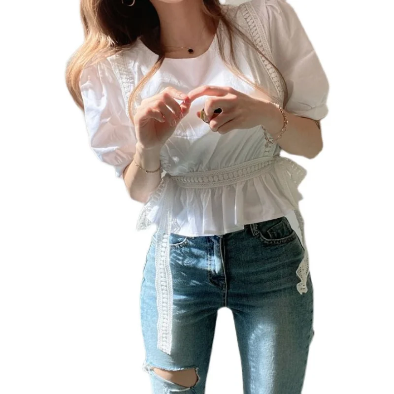 

COIGARSAM blouse women Puff Sleeve O-Neck blusas womens tops and blouses Blue White 8301