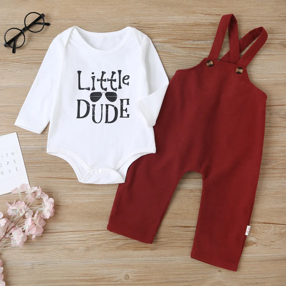 

Autumn 2021 New Arrivals Girls Casual Long Sleeve Letter Print O Neck Solid Suspender Trousers Suit 3-18M