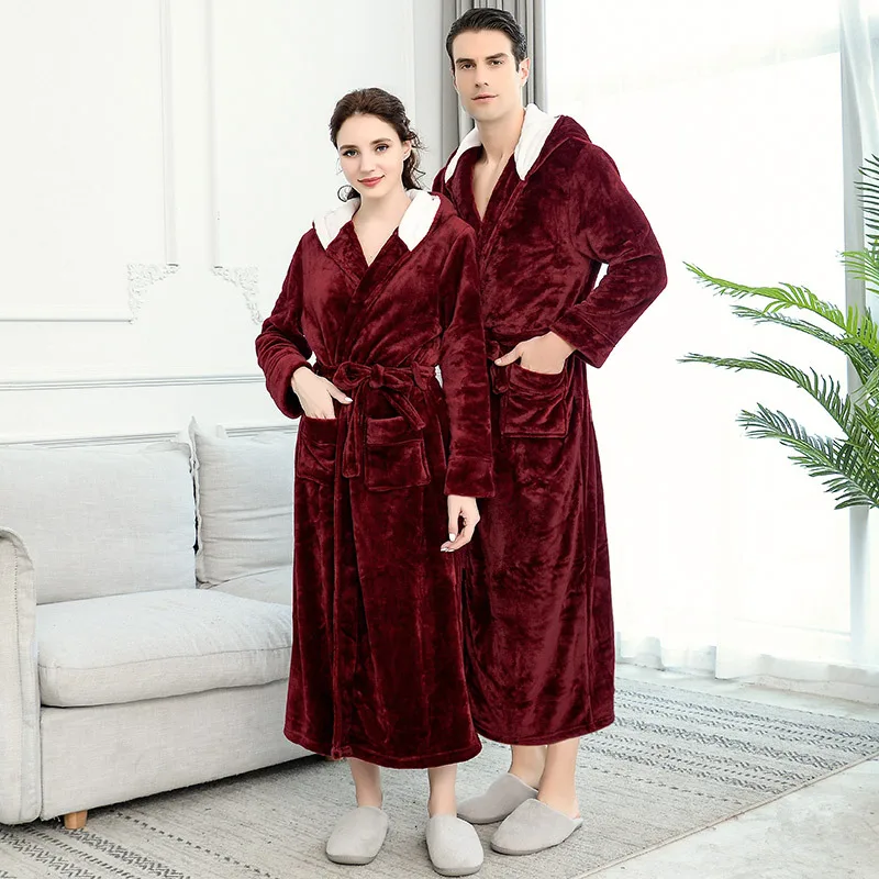 

New Men Winter Extra Long Hooded Thick Flannel Warm Bath Robe Male Dressing Gown Thermal Bathrobe Women Mens Luxury Kimono Robes