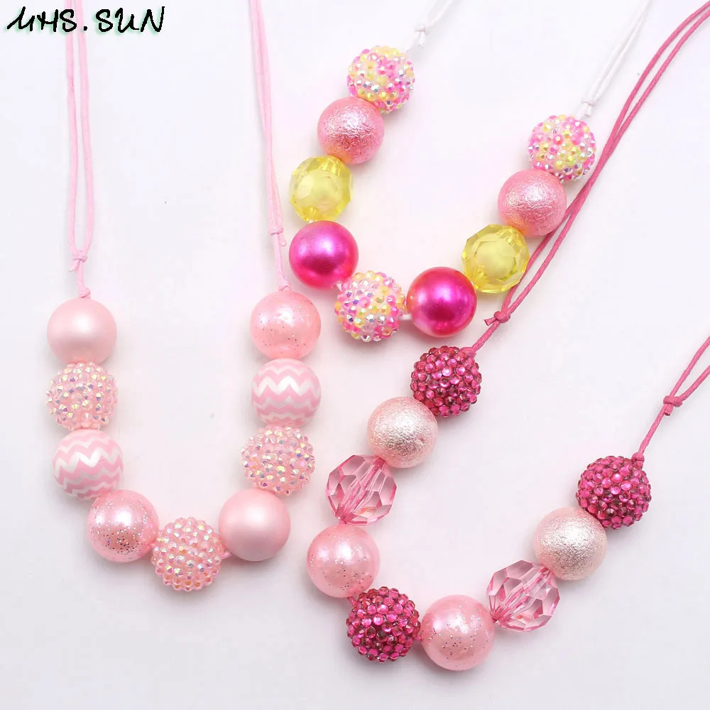 MHS.SUN New design baby chunky beads necklace diy red color bubblegum beaded necklace for kids girls adjustable rope jewelry 1pc
