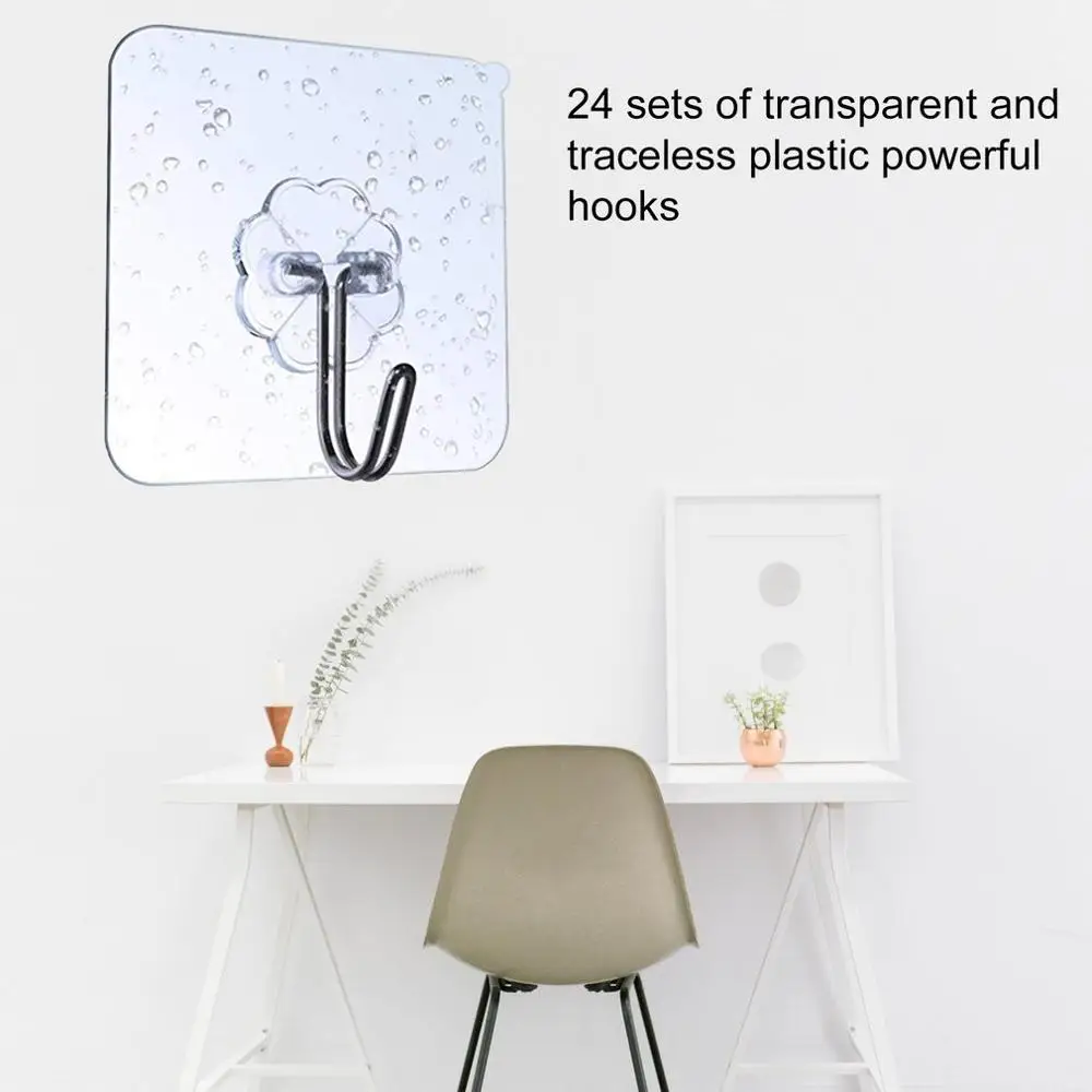 

24PCS Plastic Transparent Punch-Free Strong Adhesive Non-Marking Hook Kitchen Bathroom Wall Door Rear Hook Hook Coat Hook