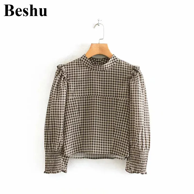 Модная блузка ZA шифоновая клетчатая рубашка с буфами на рукавах женская коротким