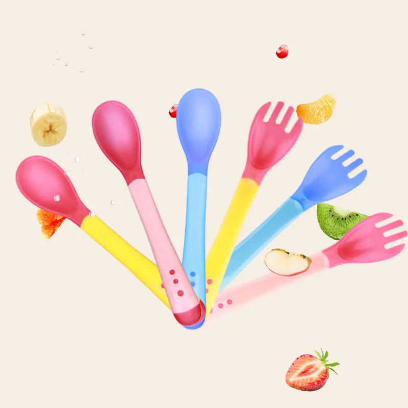 Silicon Temperature Sensing Spoon &amp Fork for Baby Safety Infant Feeding Tools Kids Children Toddler Flatwares Individual Package | Мать и