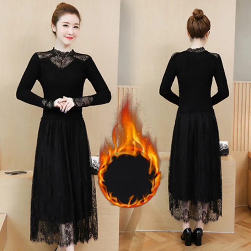 Кружевное вязаное платье размера плюс женская одежда бархатные теплые платья