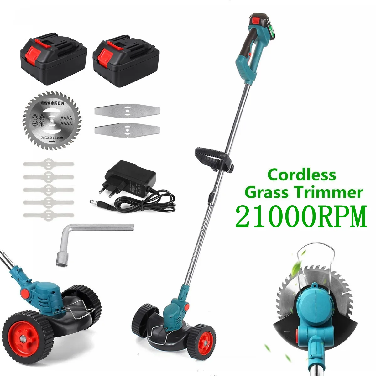 15PCS Electric Grass Trimmer For Makita 21V 2/1Battery Garden Lawn Mower Rechargeable Cordless Grass Pruning Tool machine &Wheel