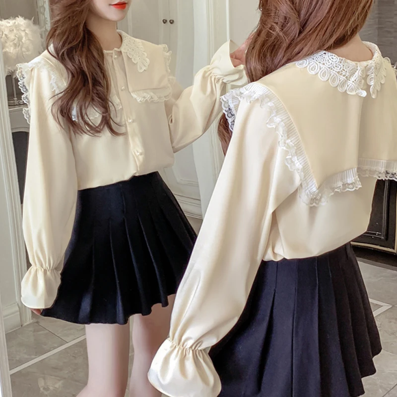 Женская шифоновая блузка shintimes Корейская рубашка с вышивкой кружевом и длинным