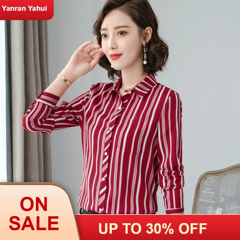 Профессиональная рубашка в красную и белую полоску для офиса женская с длинным