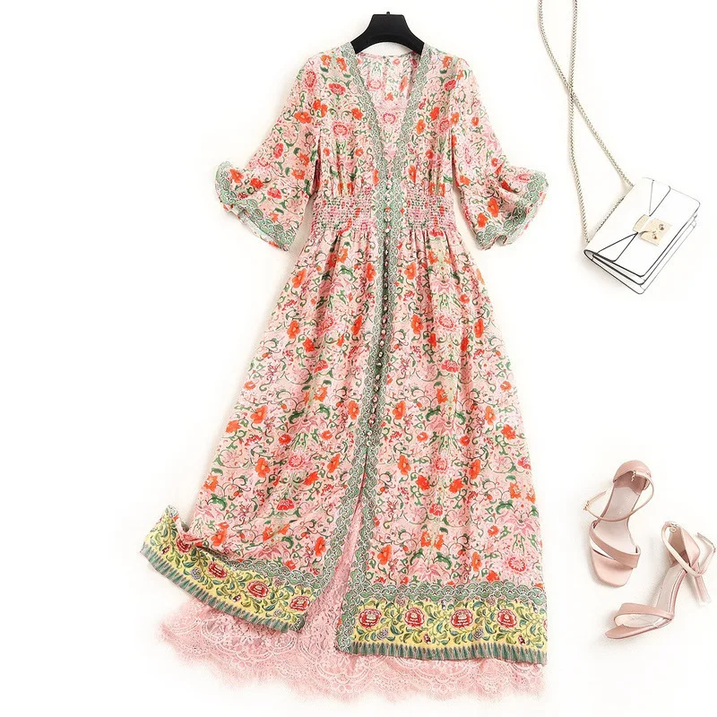 

Women plus size real silk dress summer 2020 vintage floral print chiffon patchwork pink lace flare sleeve elegant long dresses