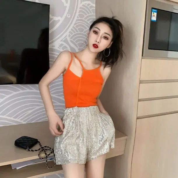 

Foreign style thin sequins sparkle loose and versatile high waist slim casual wide leg shorts women's fashion 2021 summer new