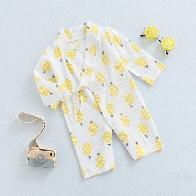 

Baby Romper Long Sleeve V Neck Toddlers Crotch Button Pineapple Strawberry Cat Print Jumpsuit Baby Kids Spring Autumn Clothing