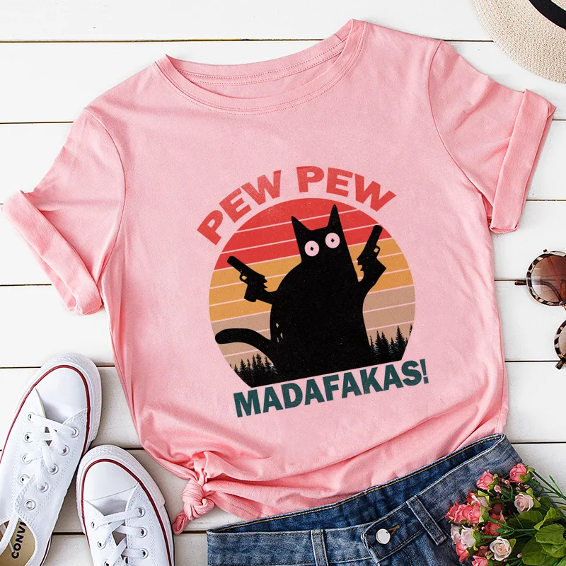 Женская футболка с принтом Pew Madafakas черная кота гангстера пистолетом забавная