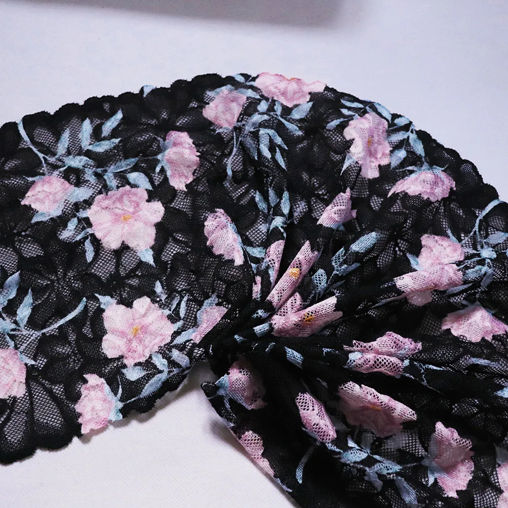 2 metre 19.5 CM genişlik pembe çiçekler baskılı elastik şerit süs siyah giysi aksesuarları sutyen jartiyer dikiş streç kumaşlar DIY