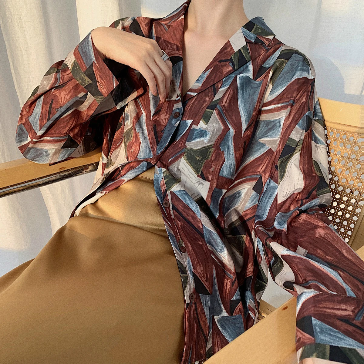 CHEERART Fall 2019 Vintage Long Sleeve Blouse Womens Tops And Blouses Color Block Lapel Ladies Korean Fashion | Женская одежда