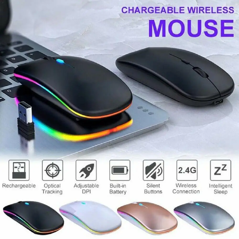 

Беспроводная компьютерная мышь, бесшумная перезаряжаемая эргономичная мышь со светодиодный Ной подсветкой, USB оптическая мышь для ПК, ноут...
