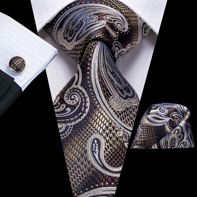 

Hi-Tie Unique Designer 100% Silk Ties for Men High Quality Paisley Grey Brown Tie Necktie Hanky Cufflinks Set Fashion Men's Ties