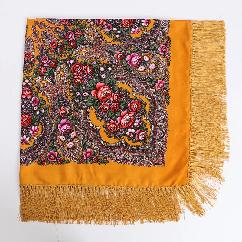 Ethnic style cotton fringed square scarf Muslim wrap head hijab autumn and winter retro Russian shawl printed female foulard