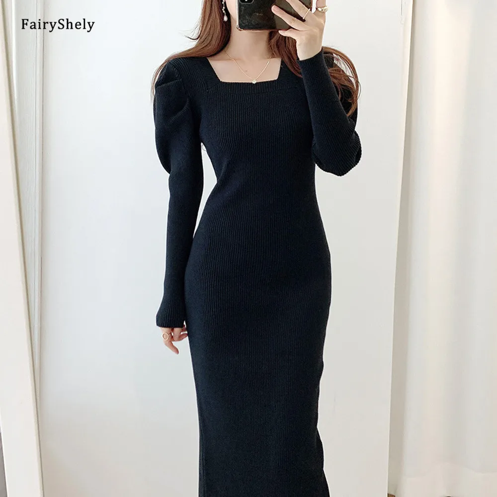 

Fairyshely Square Collar Long Sweater Dress Women 2020 Autumn Sexy Sheath Dress Ladies Stylish Elegant Knitted Pullover Dresses